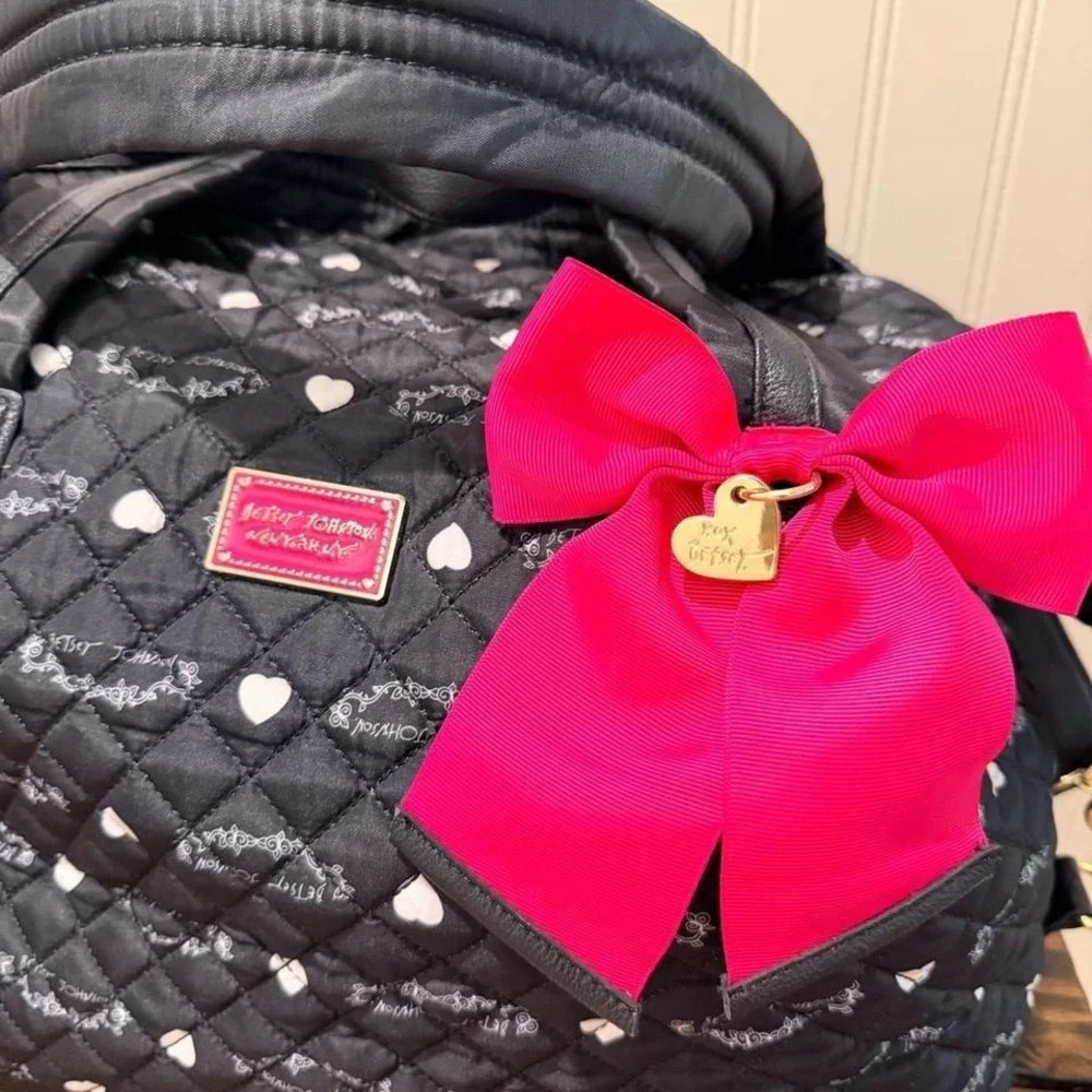 Betsey Johnson Quilted Black‎ Heart Bow Satchel Tote Floral Lined Travel Bag